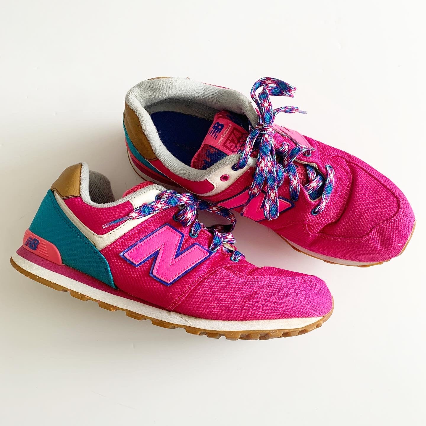 New Balance 574 Pink, Blue, White Sneakers, 7