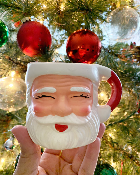 Vintage Handmade Laughing Closed Eyes Christmas Mini Santa Ceramic Mug