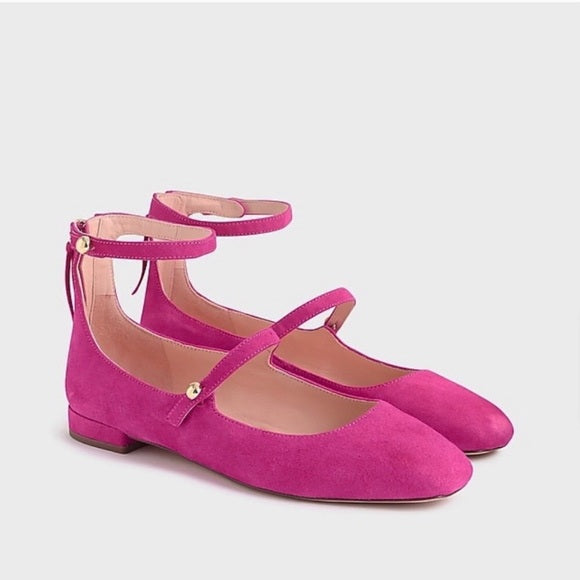 J. Crew Poppy Two-Strap Hot Begonia Pink Suede Leather Flat Shoes, Size 8