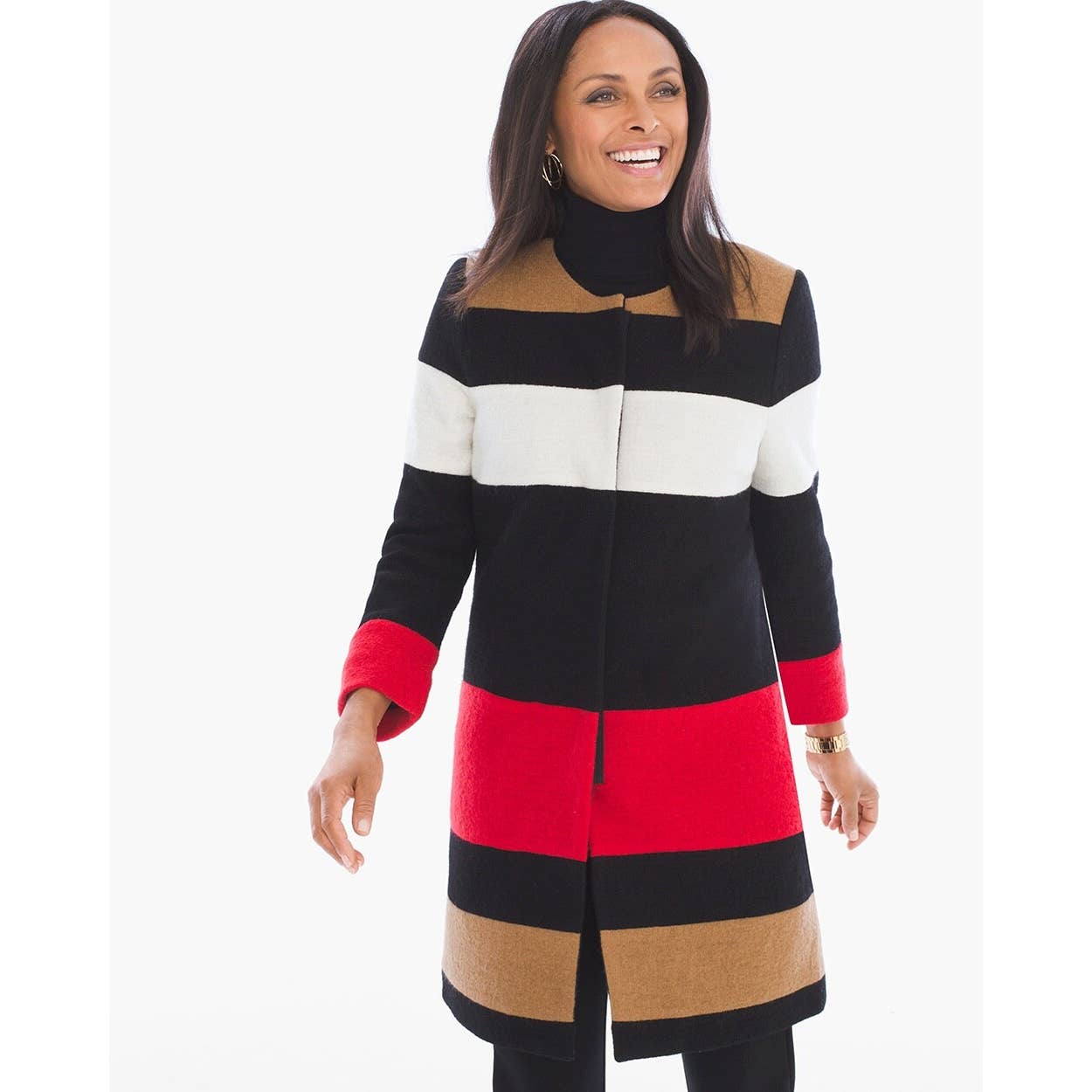 Chico's Colorblock Knit Red Black Tan Wool Coat Jacket