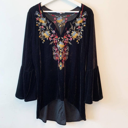 Solitaire Velvet Black Embroidered Bell Sleeve Top Shirt