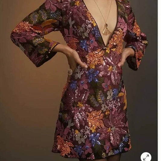 Anthropologie Sequined Purple Burgundy Orange Embroidered Mini Plus Size Dress