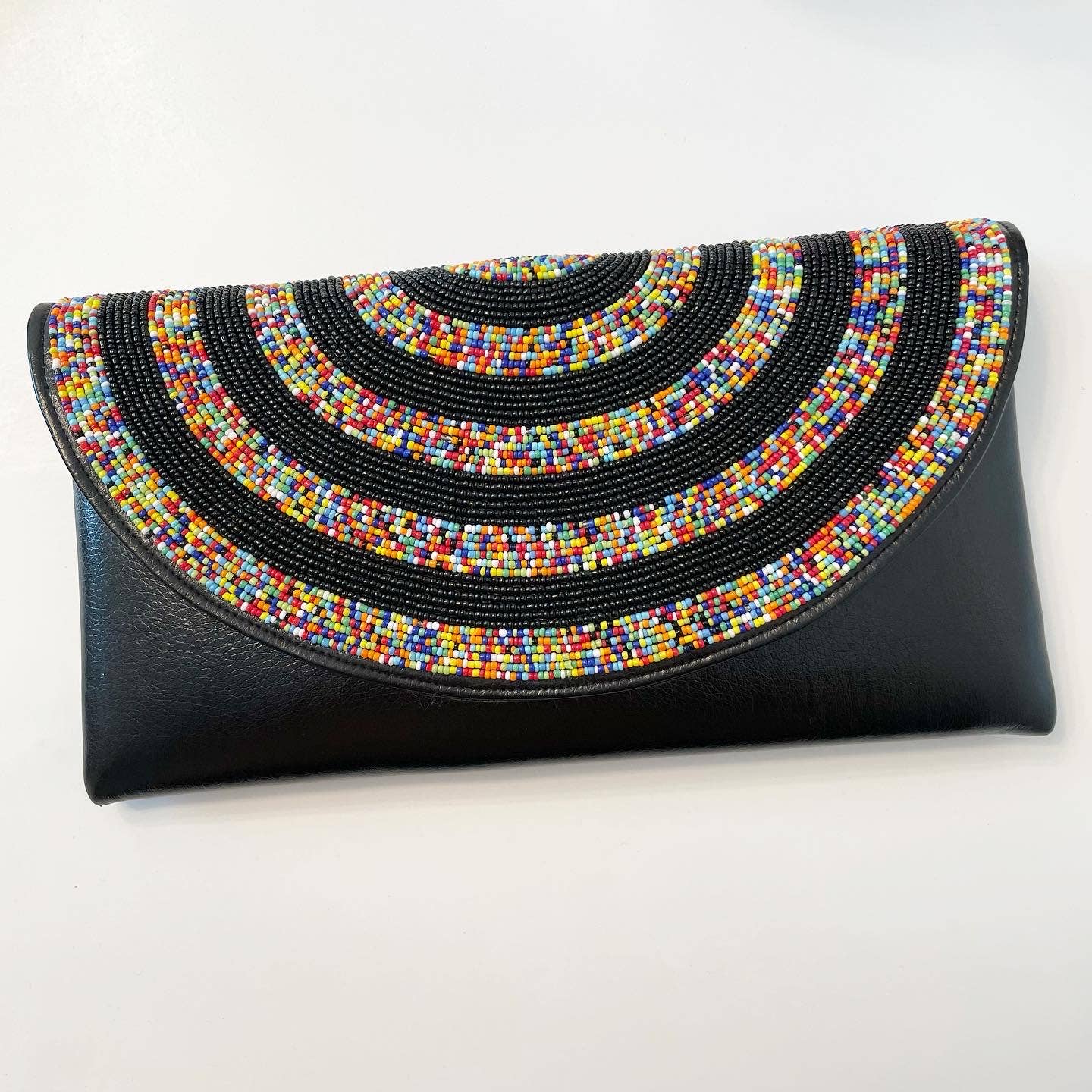 African Leather Rainbow Beads Clutch Purse Bag