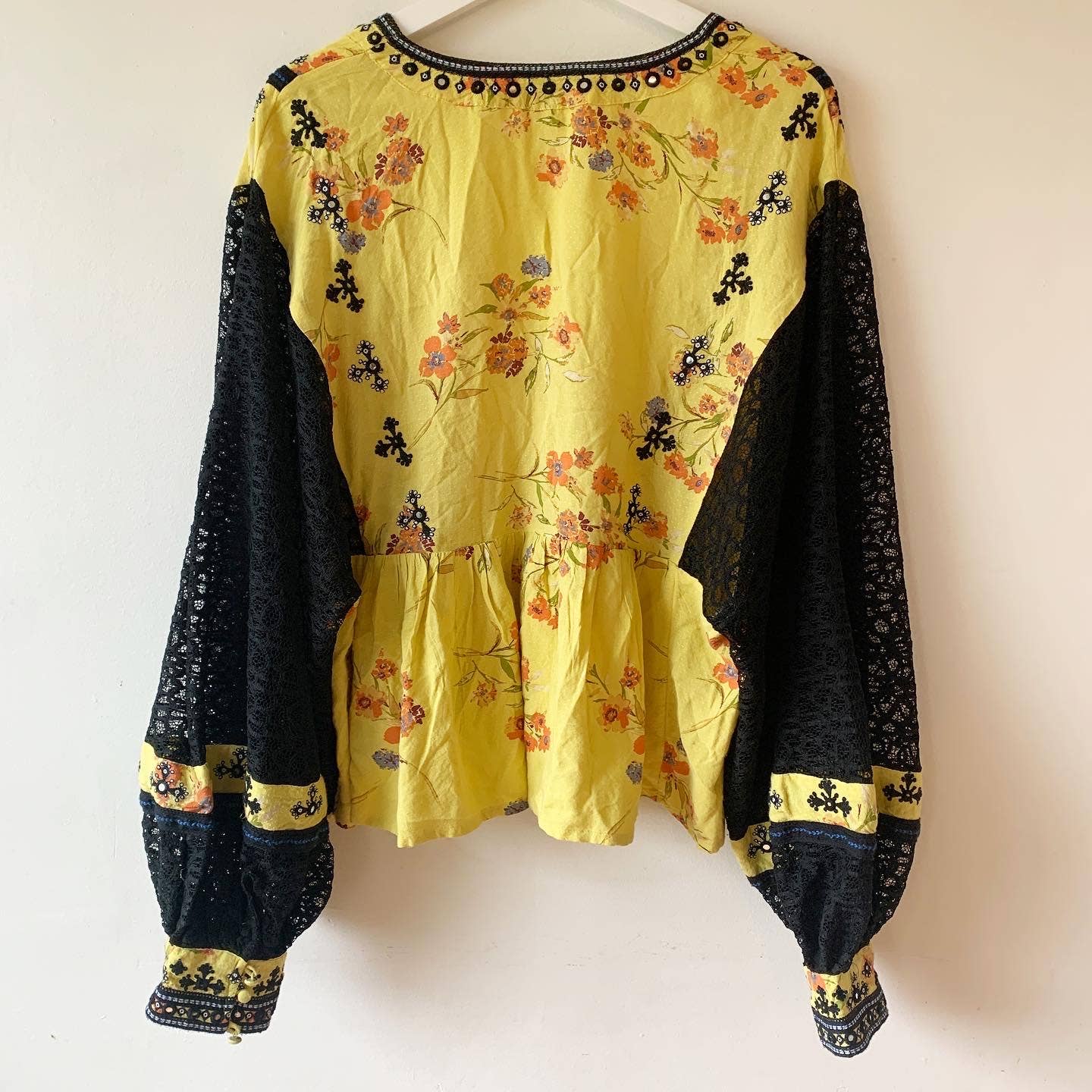 Free People Boogie All Night Bohemian Yellow Black Floral Shirt Blouse