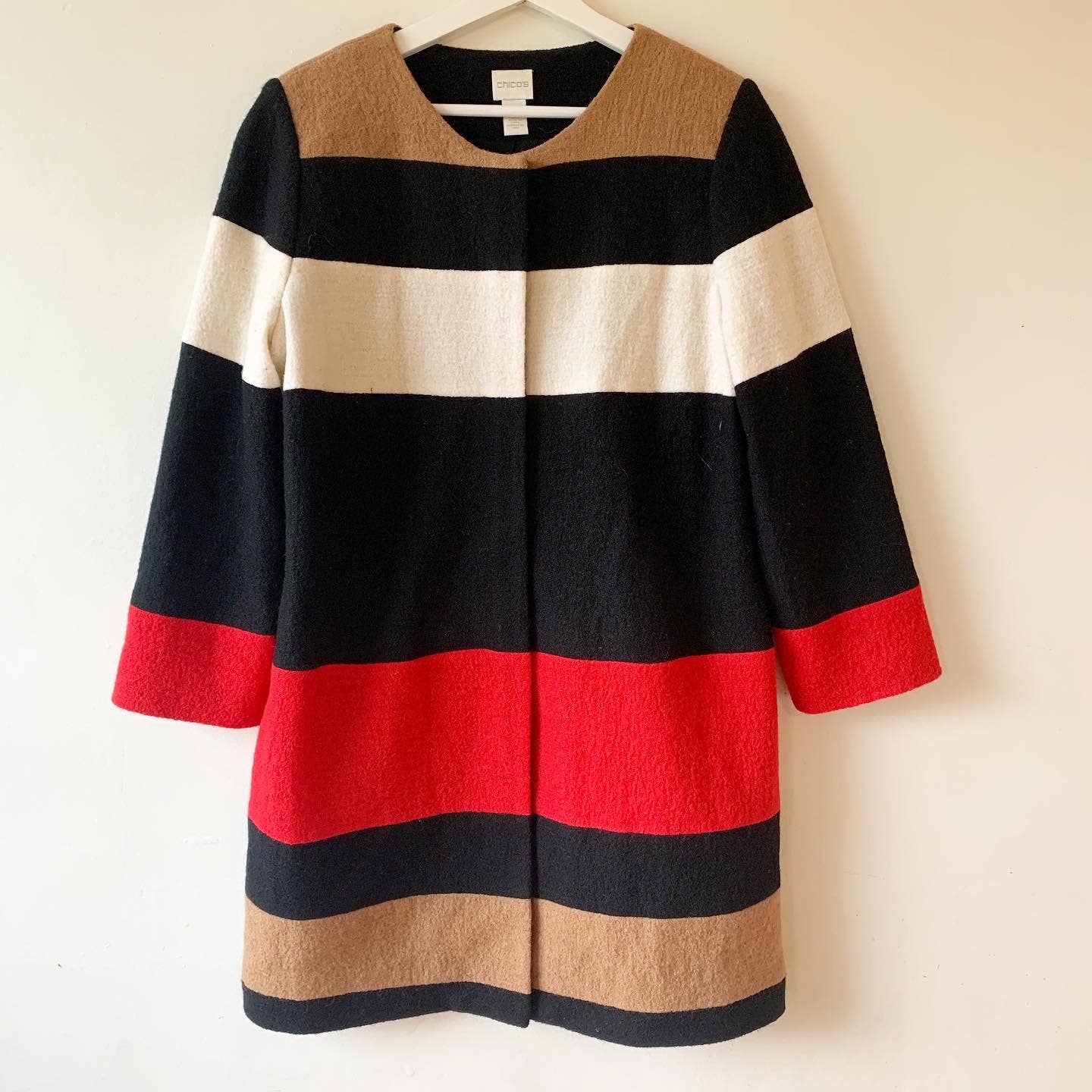 Chico's Colorblock Knit Red Black Tan Wool Coat Jacket