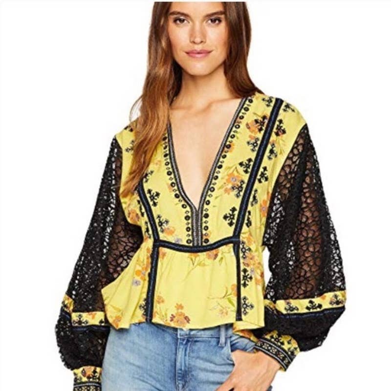 Free People Boogie All Night Bohemian Yellow Black Floral Shirt Blouse