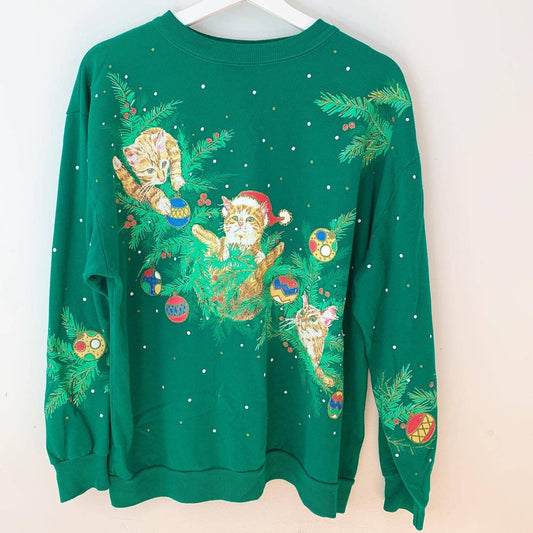 Holiday Time Cat Kitten Christmas Green Glitter Sweatshirt