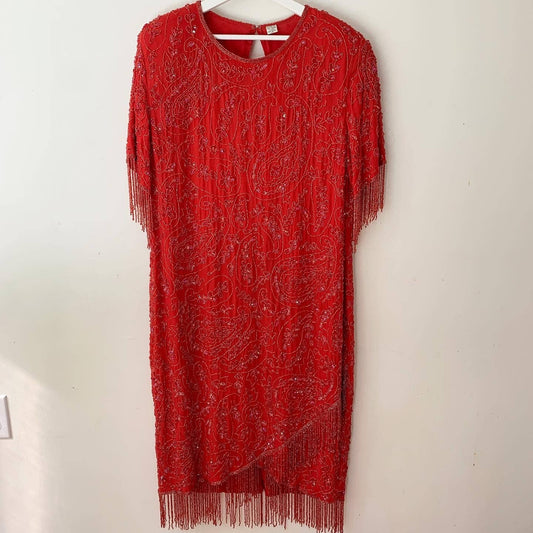 Vintage Red Sequin Beaded Plus 80s Dress