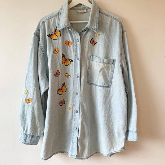 Tia Butterfly Embroidered Denim Chambray Button Down Shirt