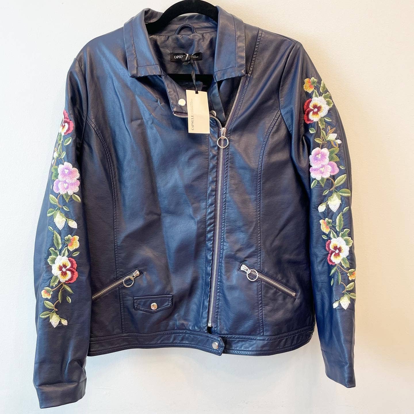 Capusle Navy Blue Floral Embroidered Faux Leather Moto Jacket
