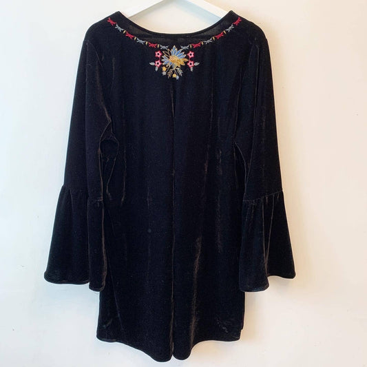 Solitaire Velvet Black Embroidered Bell Sleeve Top Shirt