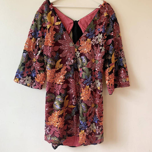 Anthropologie Sequined Purple Burgundy Orange Embroidered Mini Plus Size Dress