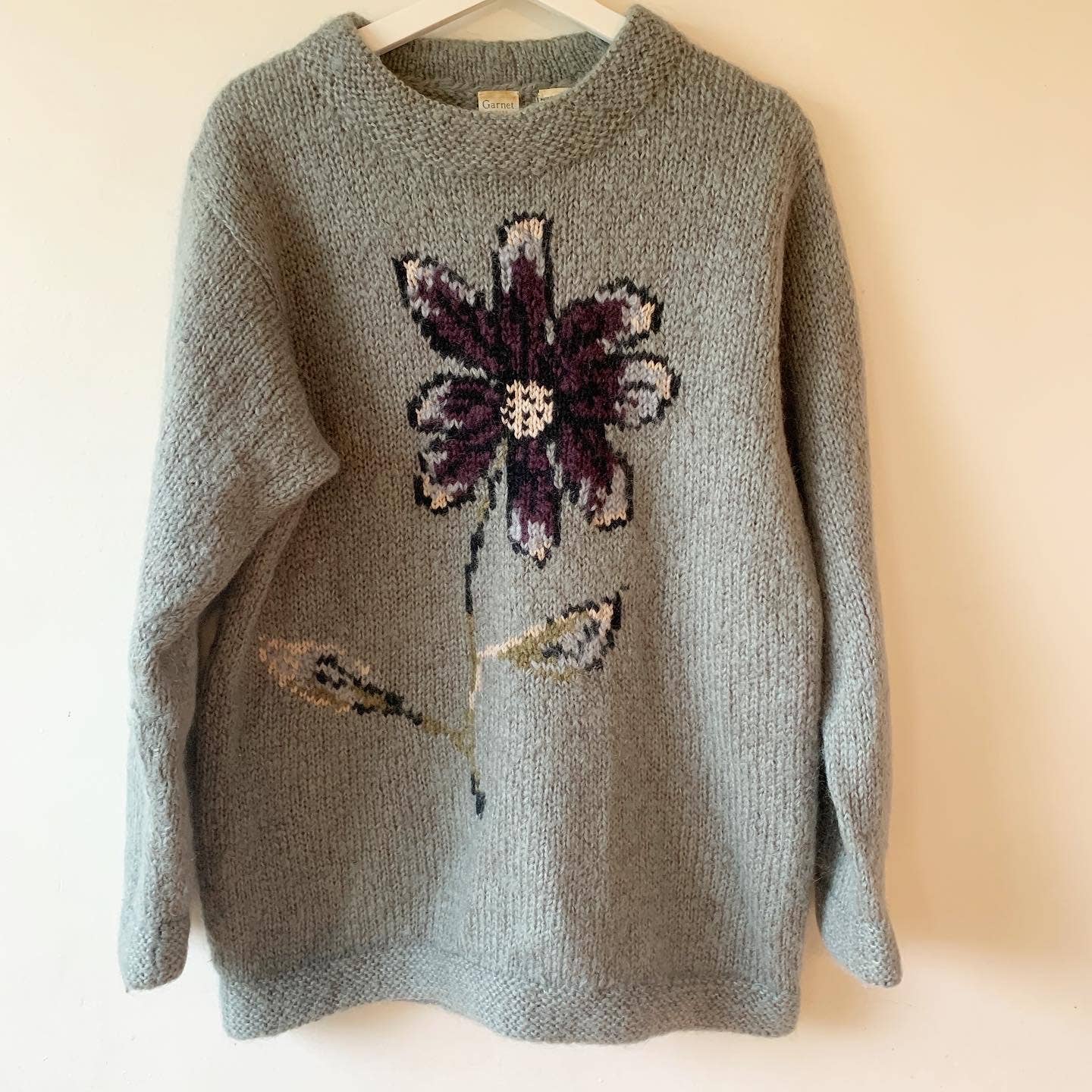Vintage Garnet Hill Green Flower Print Mohair Knit Sweater