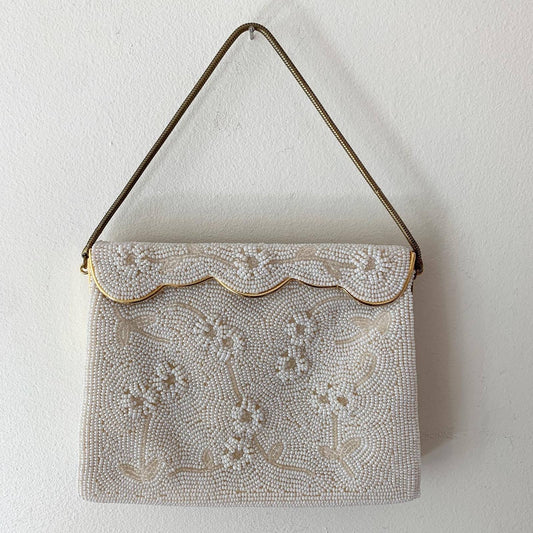Vintage White Beaded Floral Small Purse