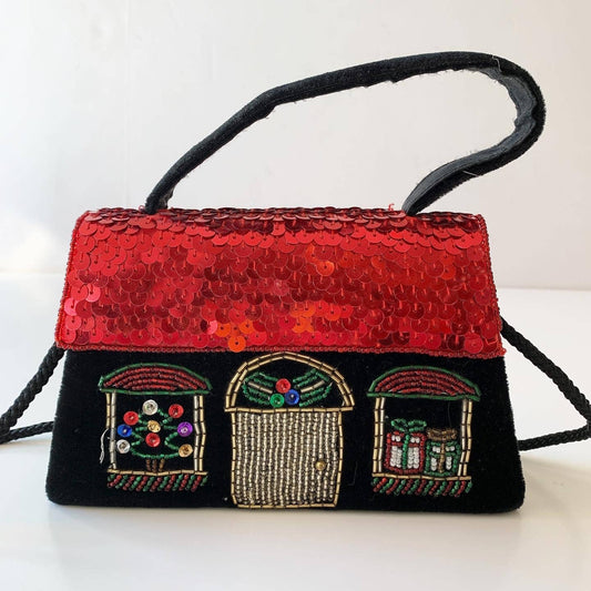 Vintage Christmas Holiday House Shaped Novelty Velvet Purse