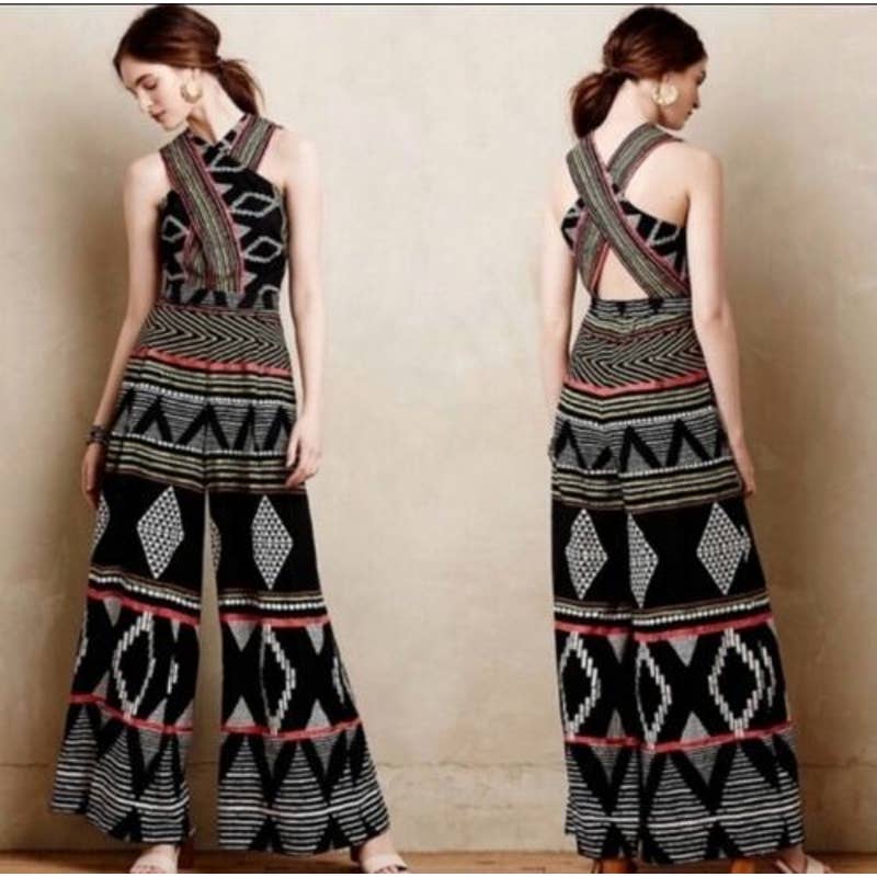 Anthropologie Elevenses Ampa Wide Leg Black Tribal Print Jumpsuit