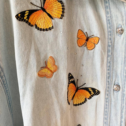 Tia Butterfly Embroidered Denim Chambray Button Down Shirt