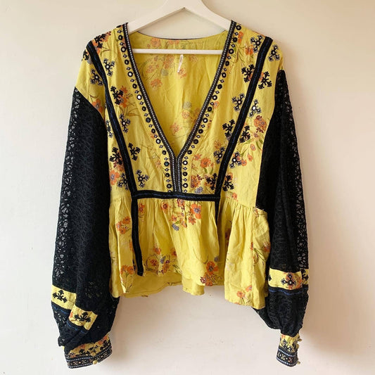 Free People Boogie All Night Bohemian Yellow Black Floral Shirt Blouse