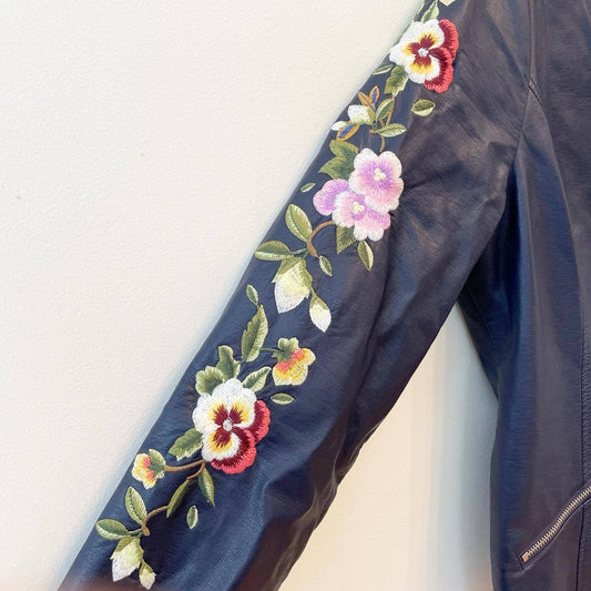 Capusle Navy Blue Floral Embroidered Faux Leather Moto Jacket