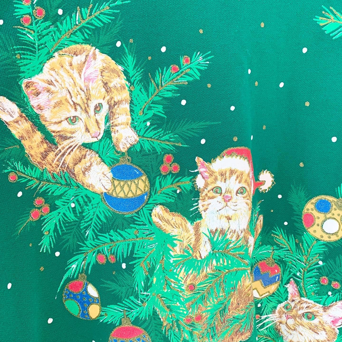 Holiday Time Cat Kitten Christmas Green Glitter Sweatshirt