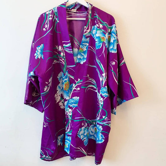 Vintage Purple Blue Floral Kimono Robe