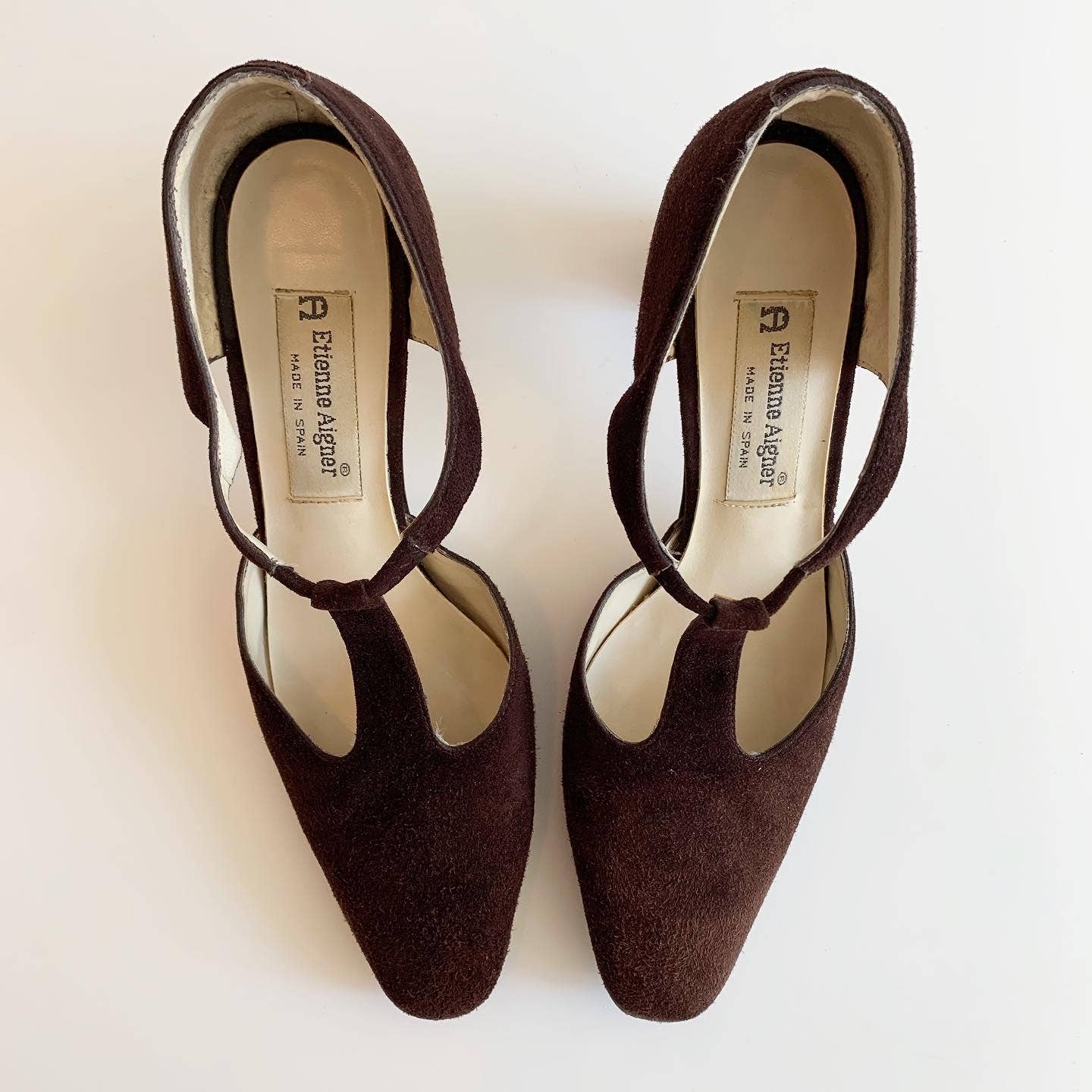 Vintage Etienne Aigner Brown Suede T-Strap Heels