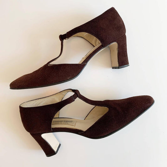 Vintage Etienne Aigner Brown Suede T-Strap Heels