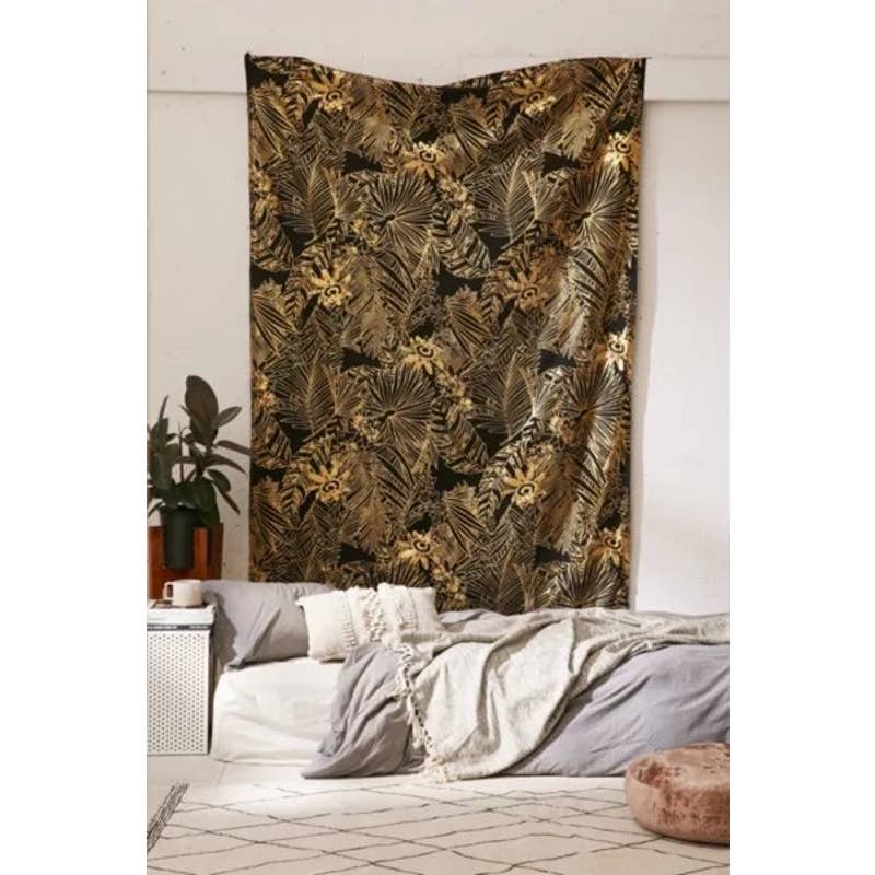 Urban Outfitters Gold Foil Leaf Palms Black Wall Hanging Tapestry