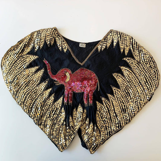 Vintage Sequin Elephant Butterfly Dolman Silk Blouse