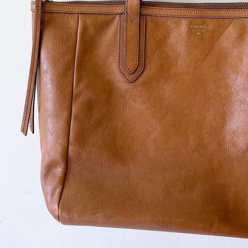 Fossil Leather Cowhide Sydney Shopper Tan Brown Tote Purse