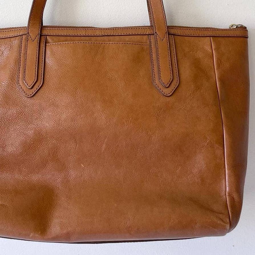 Fossil Leather Cowhide Sydney Shopper Tan Brown Tote Purse