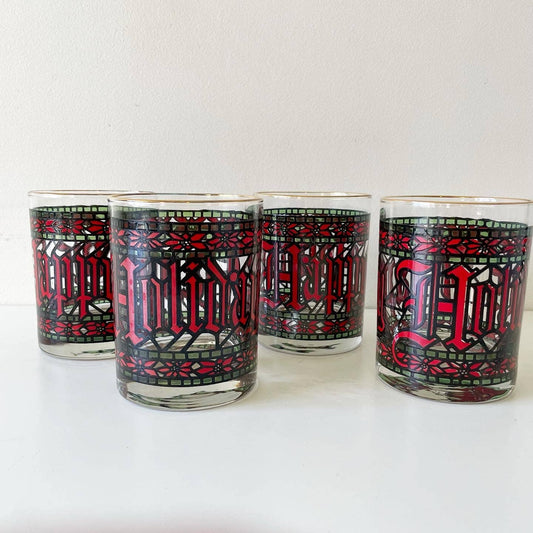 Vintage Houze Happy Holidays Christmas Red White Glass Cups Set of 4