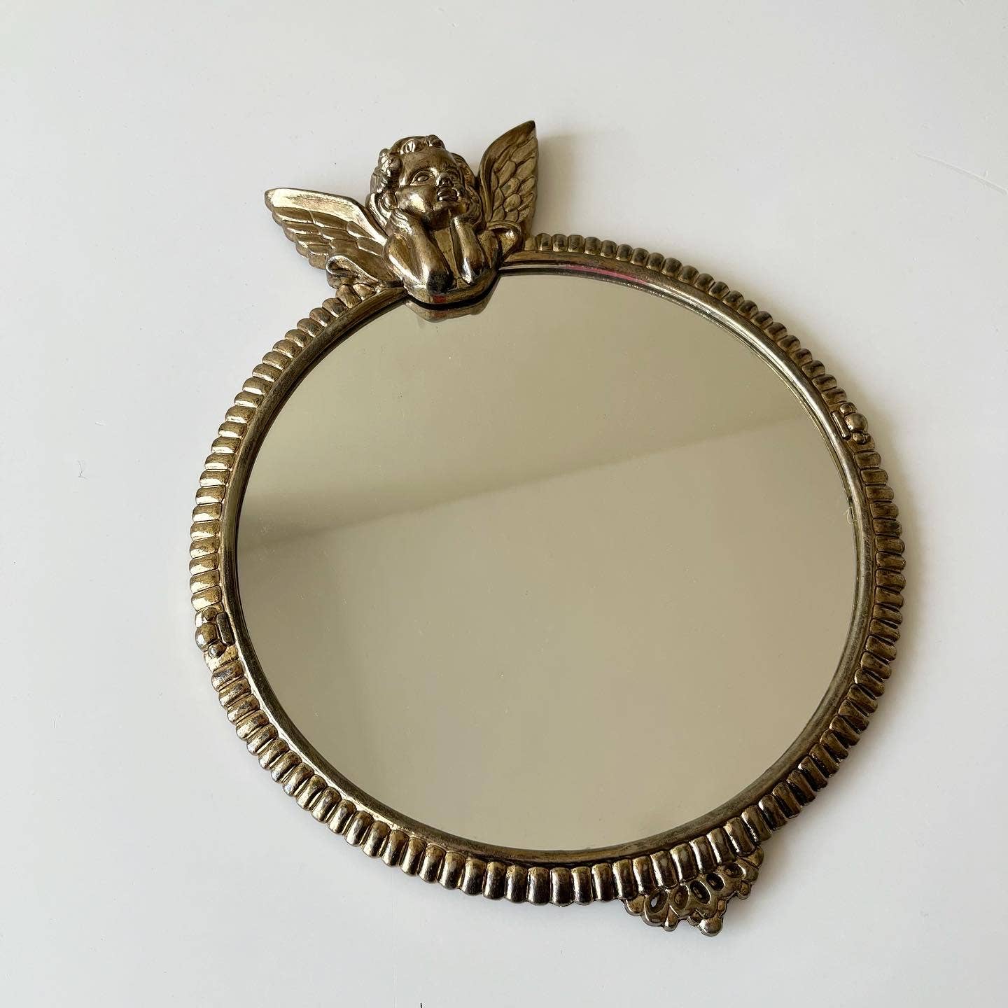Vintage Antique Finish Gold Small Round Angel Mirror